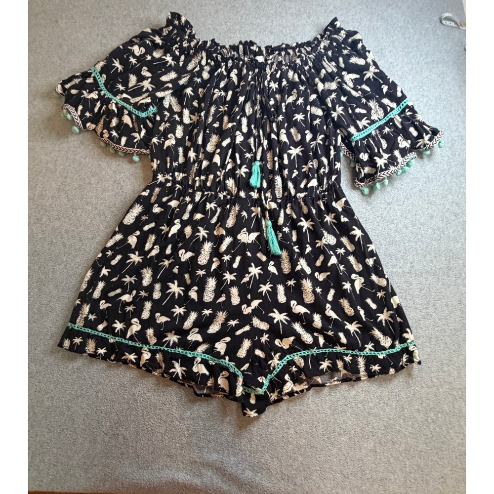 Live 4 Truth Women Romper Medium Black Tropical Flamingo Pineapple Pom Pom Trim
